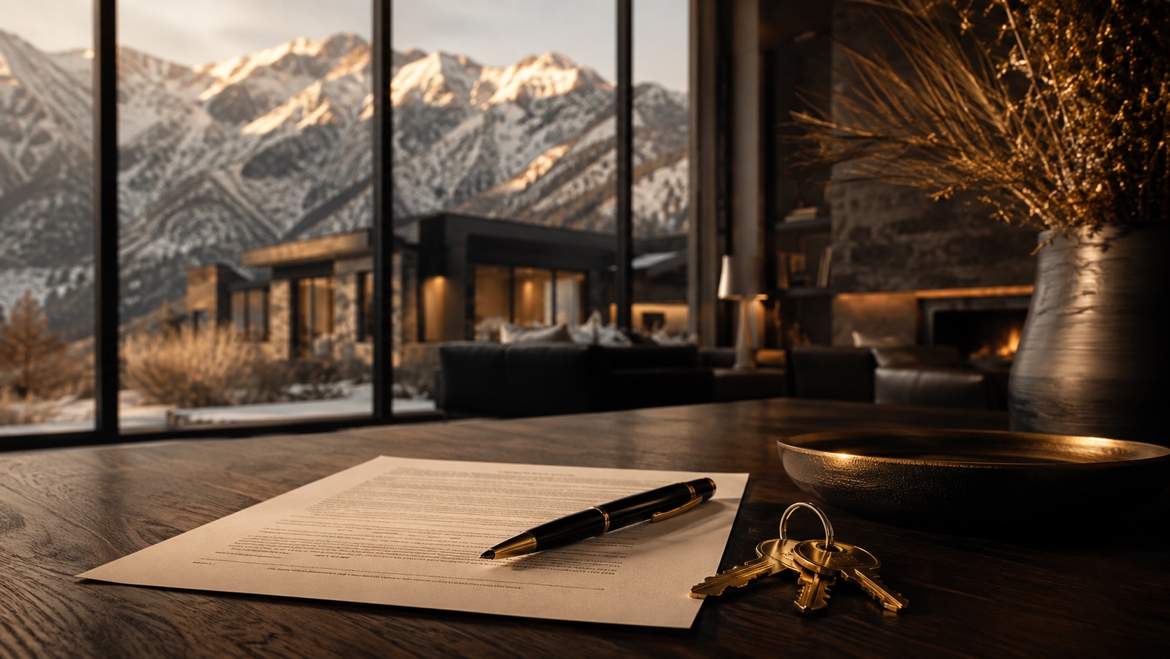 A Utah real estate purchase contract and pen on a closing table with the Wasatch mountains beyond