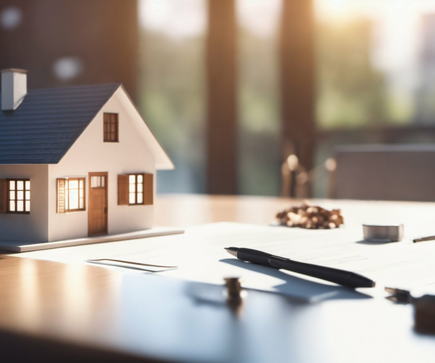 Futuristic real estate agency with holo 3d model of a small house on a table