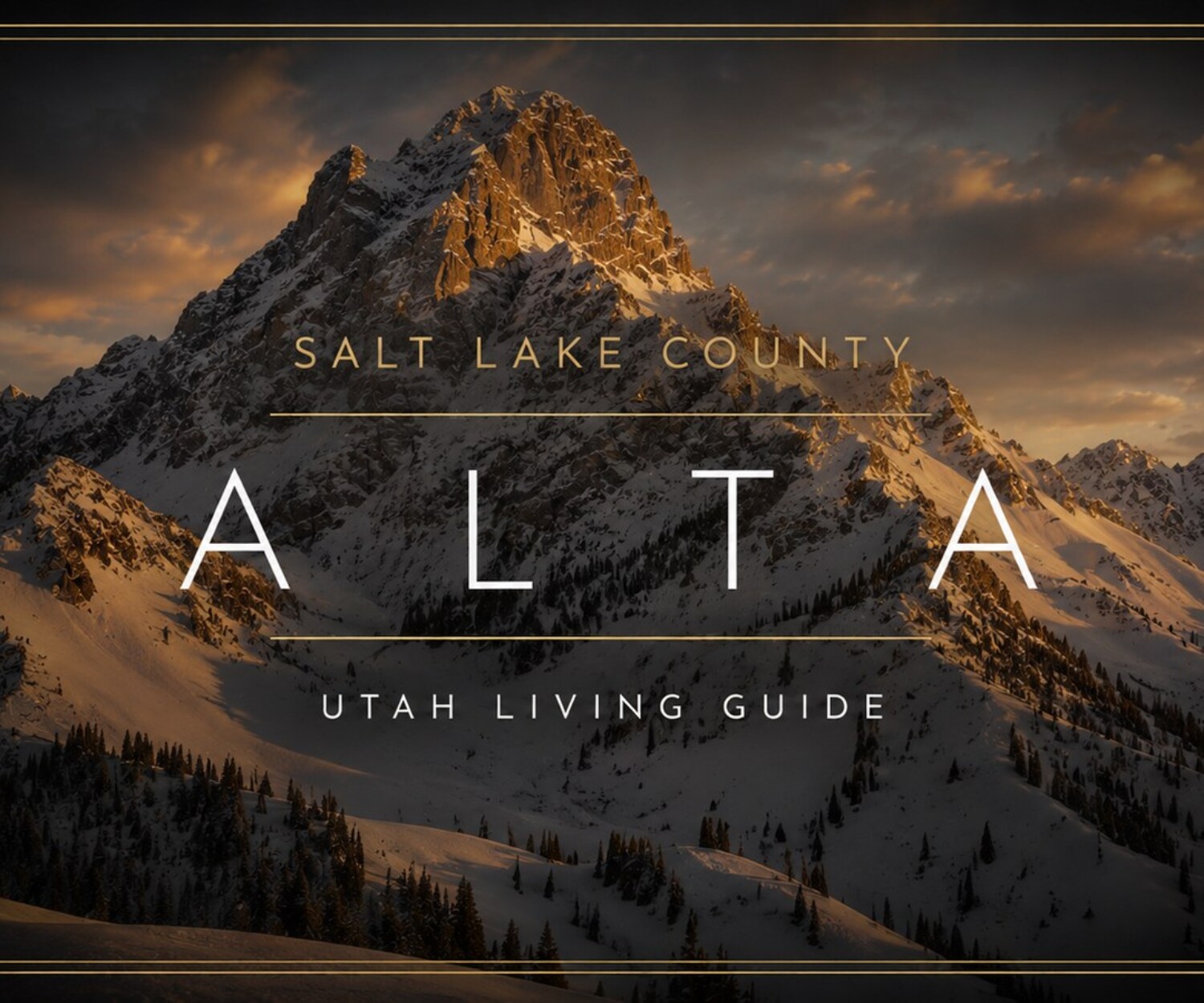 Snow-capped Wasatch summit above Alta, Utah at sunset with golden alpenglow