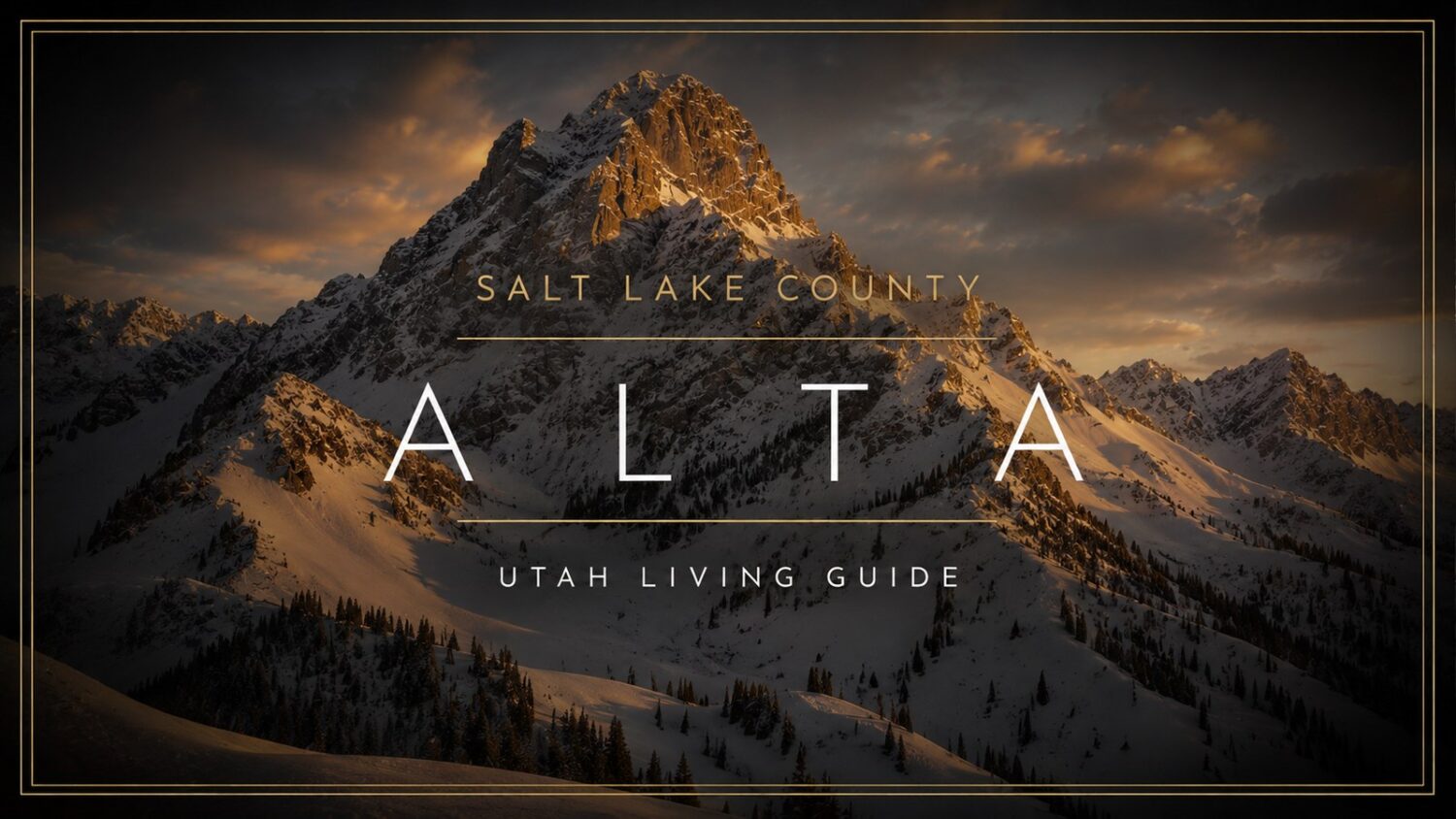 Snow-capped Wasatch summit above Alta, Utah at sunset with golden alpenglow