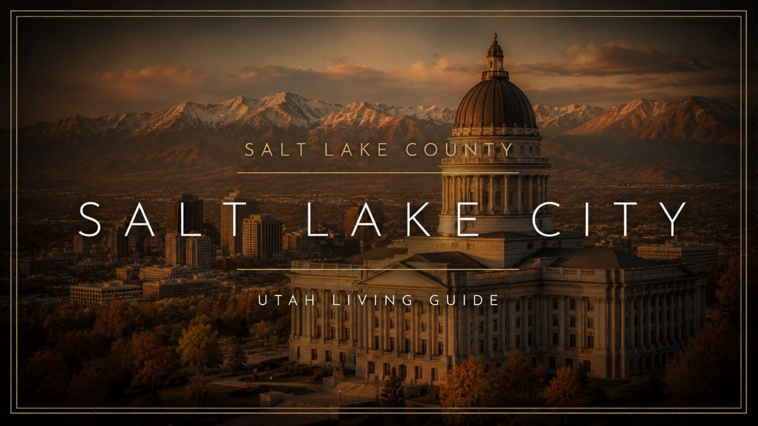 Salt Lake City, Utah cinematic luxury graphic showing local landmarks at golden hour