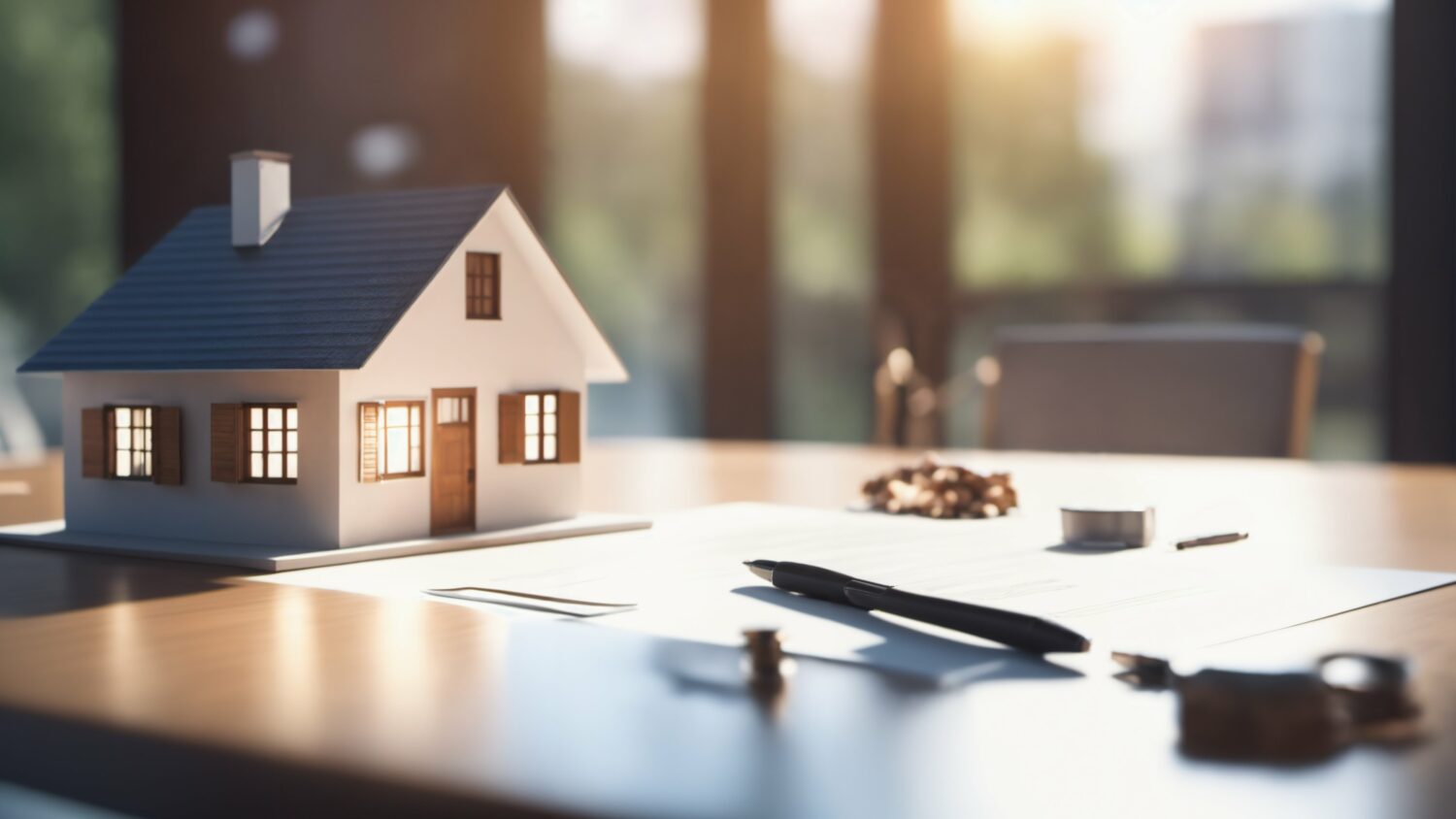 Futuristic real estate agency with holo 3d model of a small house on a table