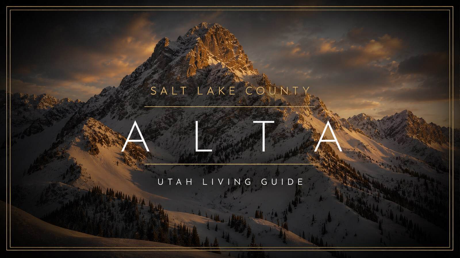 Snow-capped Wasatch summit above Alta, Utah at sunset with golden alpenglow