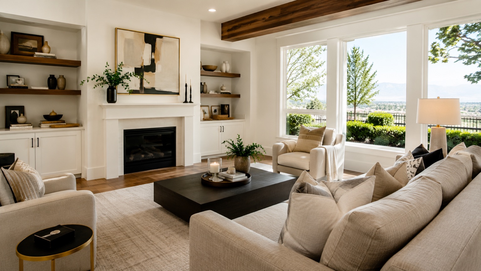 Bright, market-ready staged living room in an upscale Utah home with Wasatch Front views